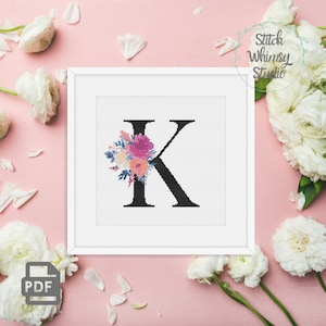Letra K Monograma Inicial Multicolor Buquê Botânico Floral Inicial Ponto Cruz Padrão PDF Download Digital Instantâneo a1008
