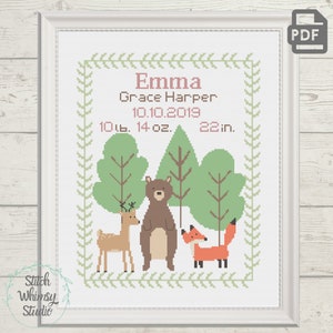 Baby Girl Nursery Forest Woodland Critters Animal Birth Announcement Personalized Counted Cross Stitch Pattern PDF Instant Digital Download