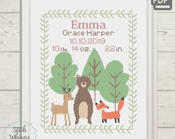 Woodland Animals Birth Announcement Cross Stitch Pattern (Digital Download)