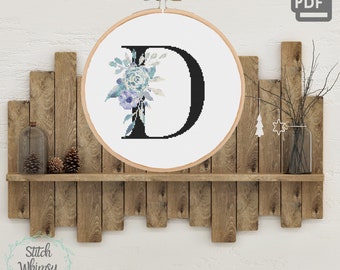 Floral Letter D Cross Stitch Pattern: Teal Purple Monogram (PDF Digital Download)