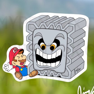 Mario Thwomp Incident Waterproof Sticker | UV Scratch Resistant | Water Bottle & Laptop Stickers | White Gloss | Transparent