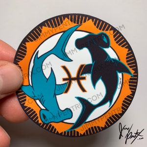 Pisces Hammerheads Waterproof Sticker | UV Scratch Resistant | Hydroflask & Laptop Stickers | White Gloss | Transparent