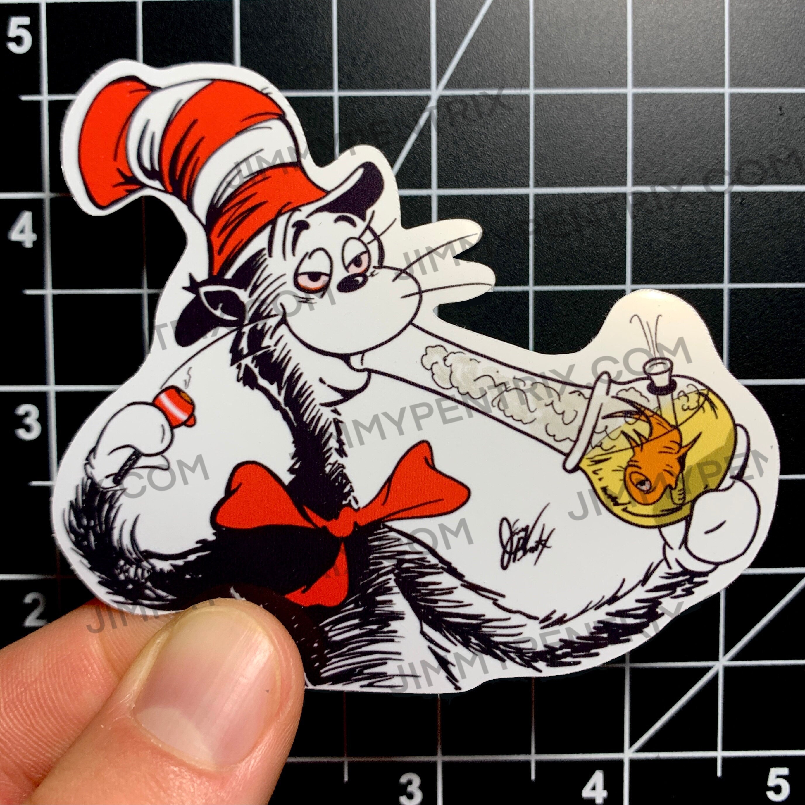 Cat in Hat Fish in Bong Dr Seuss 420 Waterproof Sticker | UV Scratch Resistant | Laptop Stickers | White Gloss | Transparent