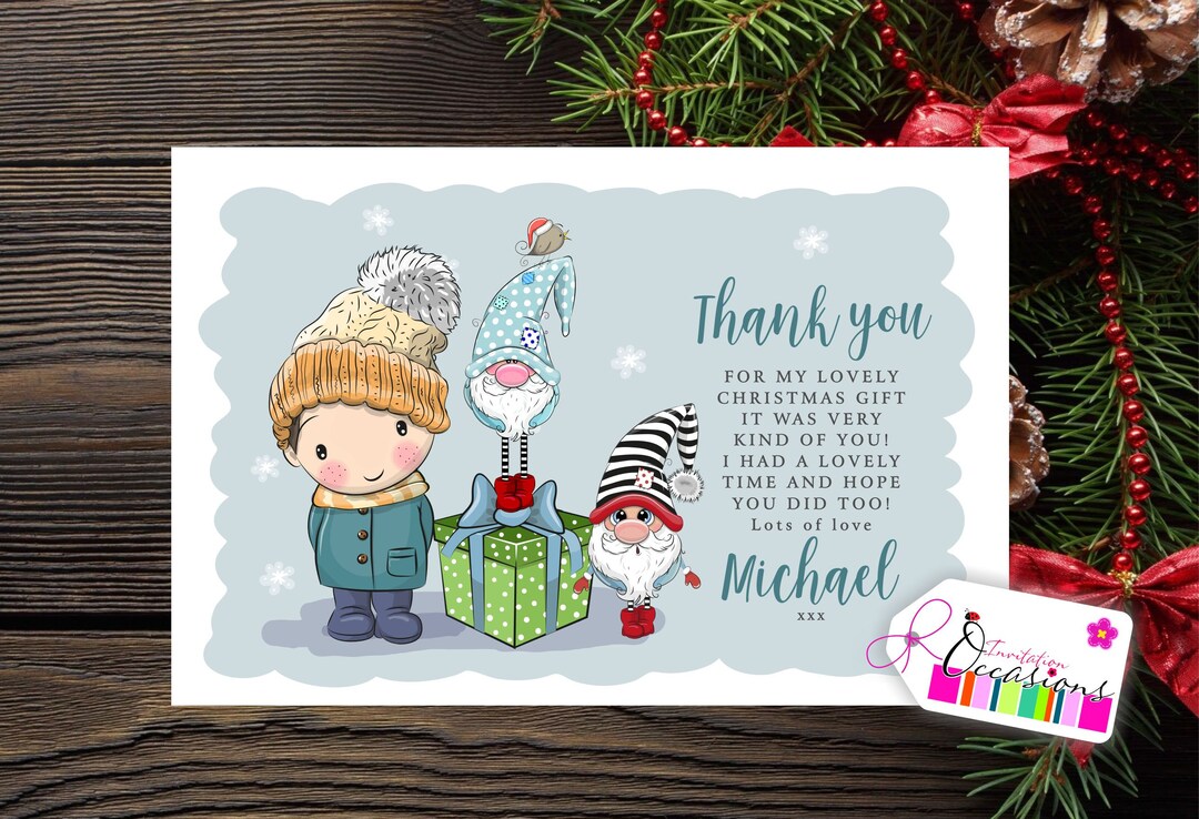 Boys Christmas Thank You Note, Pack of 5 With Envelopes, Christmas Gift