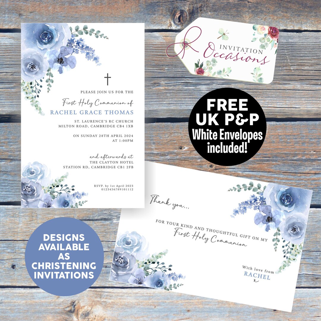 First Holy Communion Invitations | Floral Blue Watercolour | Printed ...