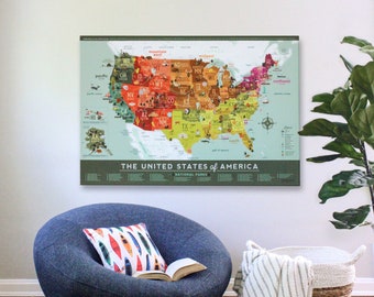 Canvas Push Pin Children's US Map, Fun Illustrated Map, National Park Travel Map, US Map Wall Art, United States Geography, CANVAS: 24x36