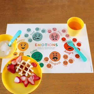 May include: A white placemat with a colourful chart of emotions. The chart includes words like "happy", "sad", "calm", "fear", "anger", and "disgust". Each emotion is represented by a circle with a cartoon face. The placemat is on a wooden table with a yellow bowl, a yellow cup, a blue fork, and a waffle with strawberries on a yellow plate.