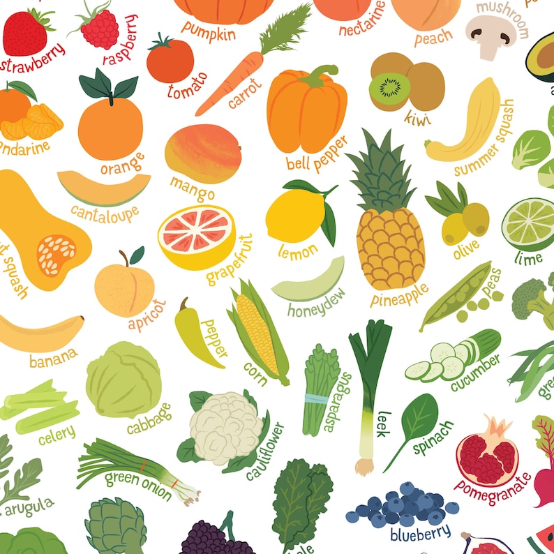 Cartel de frutas y verduras, impresión de alimentos saludables, comer el arco iris, decoración del aula, arte de la escuela en el hogar, IMPRESIÓN: 8x10, 12x16, 16x20, 18x24, 24x36 imagen 2