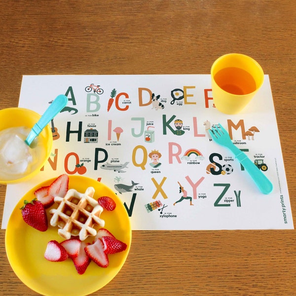 Set de table ABC pour enfants, Set de table éducatif, Alphabet illustré, ABC d'apprentissage pour tout-petits, Matériel d'école à la maison, Napperon lavable : 11X17