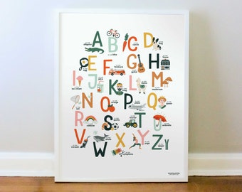 Illustrated Children's Alphabet Print, ABC Poster, Playroom Wall Art, Toddler Learning ABC's, PRINT: 8x10, 12x16, 16x20, 18x24, 24x36