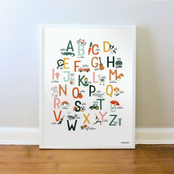 Illustrated Children's Alphabet Print, ABC Poster, Playroom Wall Art, Toddler Learning ABC's, PRINT: 8x10, 12x16, 16x20, 18x24, 24x36