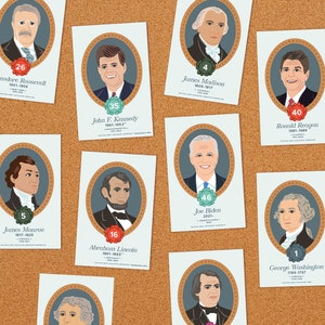 US President Bulletin Board Cards, 2025 Edition, Presidents of United States History, Classroom Art, PRINT: 8,5 x 11