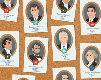 US President Bulletin Board Cards, 2025 Edition, Presidents of United States History, Classroom Art, PRINT: 8.5x11