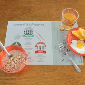 Puede incluir: Un gráfico colorido que explica las tres ramas del gobierno de los Estados Unidos: Ejecutivo, Judicial y Legislativo. El gráfico está sobre una mesa de madera con un tazón de cereal, un vaso de jugo, un plato de rodajas de naranja y un huevo frito.