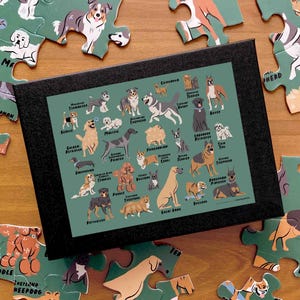 Puede incluir: Un rompecabezas de madera verde y negro con una variedad de razas de perros ilustradas en las piezas. El rompecabezas está ensamblado para mostrar una imagen completa de todas las razas de perros. El rompecabezas está sobre una superficie de madera.
