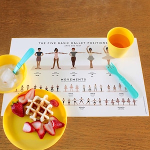 May include: A white printable placemat with illustrations of ballet dancers in five basic positions. The text "The Five Basic Ballet Positions" and "Arms and Feet" is printed at the top of the placemat. The placemat also includes illustrations of ballet movements, including eleve, releve, sissone, glissade, and pirouette.