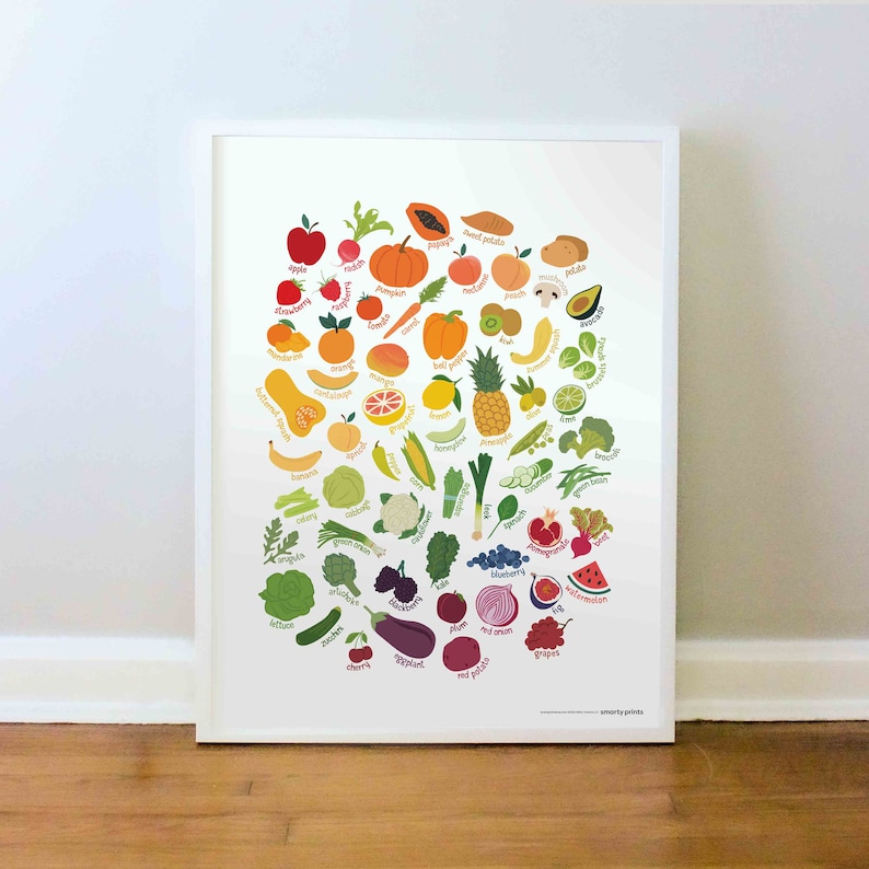 Cartel de frutas y verduras, impresión de alimentos saludables, comer el arco iris, decoración del aula, arte de la escuela en el hogar, IMPRESIÓN: 8x10, 12x16, 16x20, 18x24, 24x36 imagen 1
