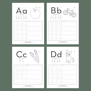 May include: Black and white printable worksheet for learning the letters A, B, C, and D. Each letter is shown with a picture and stroke steps. There are lines for practicing writing the letters.