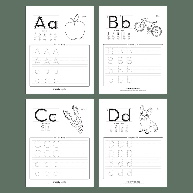 May include: Black and white printable worksheet for learning the letters A, B, C, and D. Each letter is shown with a picture and stroke steps. There are lines for practicing writing the letters.
