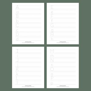 May include: Four printable worksheets for practicing writing the alphabet in uppercase and lowercase letters. Each worksheet features a dotted line guide for tracing the letters.