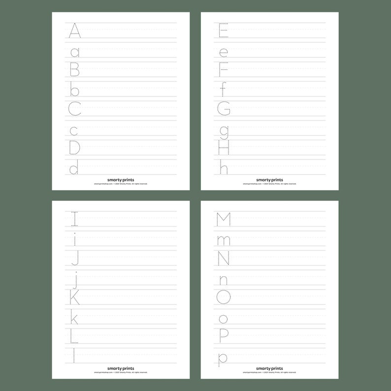 May include: Four printable worksheets for practicing writing the alphabet in uppercase and lowercase letters. Each worksheet features a dotted line guide for tracing the letters.