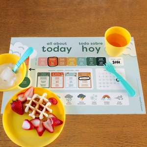 English/Spanish Daily Morning Board Placemat, Kids Daily Calendar, Weather & Seasons Chart, Homeschool Materials, Wipeable Placemat: 11x17
