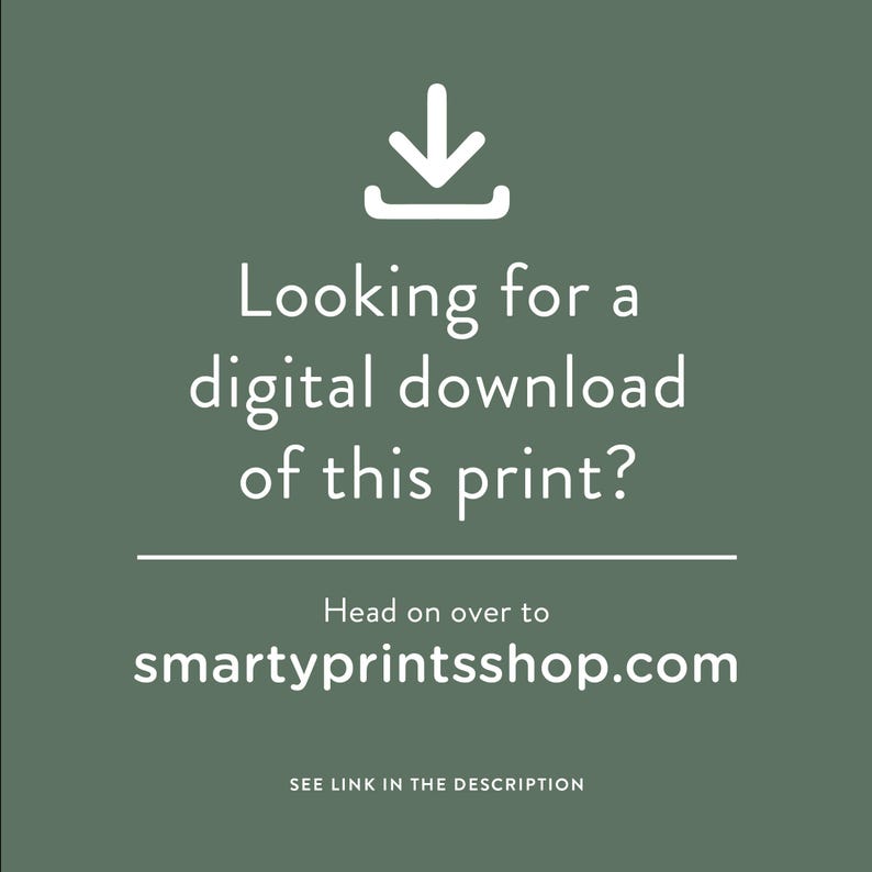 Puede incluir: Un fondo verde con un icono de descarga blanco y texto que dice "&iquest;Buscas una descarga digital de esta impresi&oacute;n? Dir&iacute;gete a smartyprintsshop.com. Ver enlace en la descripci&oacute;n."