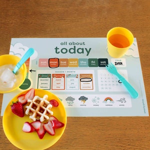Daily Morning Board Placemat, Kids Daily Calendar, Weather & Seasons Chart, Homeschool Materials, Wipeable Placemat: 11x17