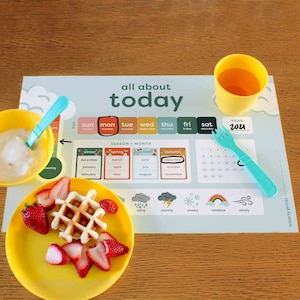 Daily Morning Board Placemat, Kids Daily Calendar, Weather & Seasons Chart, Homeschool Materials, Wipeable Placemat: 11x17