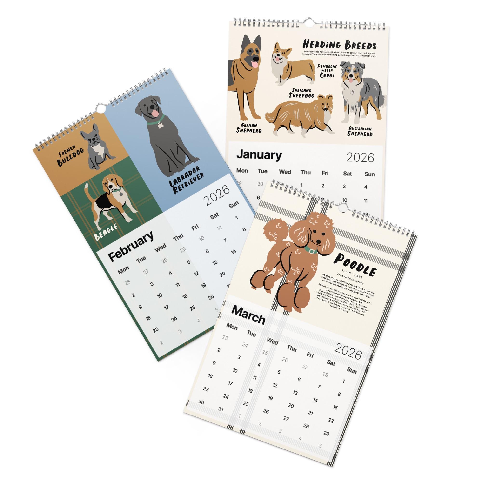 2026 Dog Calendar, Illustrated Dogs, Dog Breeds, Office Gifts, Gift for ...