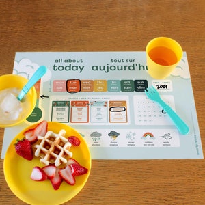 Engelse/Franse dagelijkse ochtendbord afdrukbare placemat, dagkalender voor kinderen, weerkaart, materialen voor thuisonderwijs, DIGITALE DOWNLOAD: 11 x 17
