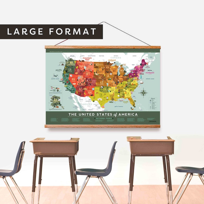 Large Educational Children's Us Map Fun Illustrated Map Etsy