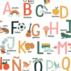 May include: A colorful alphabet poster with illustrations for each letter. The letters are in various colors and styles. Each letter is paired with an image and a Spanish word. For example, the letter A is paired with a rainbow and the word "arco&iacute;ris".