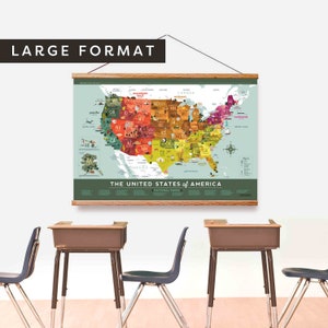 Große lehrreiche Kinder-US-Karte, lustige illustrierte Karte, US-Nationalparks, US-Geographie lernen, Druck: 54x36