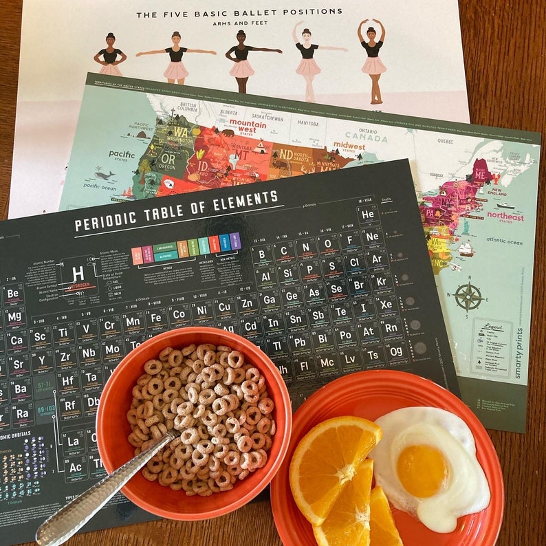 May include: A red bowl filled with brown cereal rings, a red plate with a fried egg and orange slices, and a black and white periodic table of elements poster.