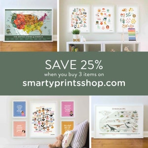 May include: A collection of colorful educational prints for children, including a map of the United States, an alphabet chart, a counting chart, a dinosaur chart, and a chart featuring inspiring women. The prints are framed in white and have a green background. The text "SAVE 25% when you buy 3 items on smartyprintsshop.com" is displayed in the center of the image.