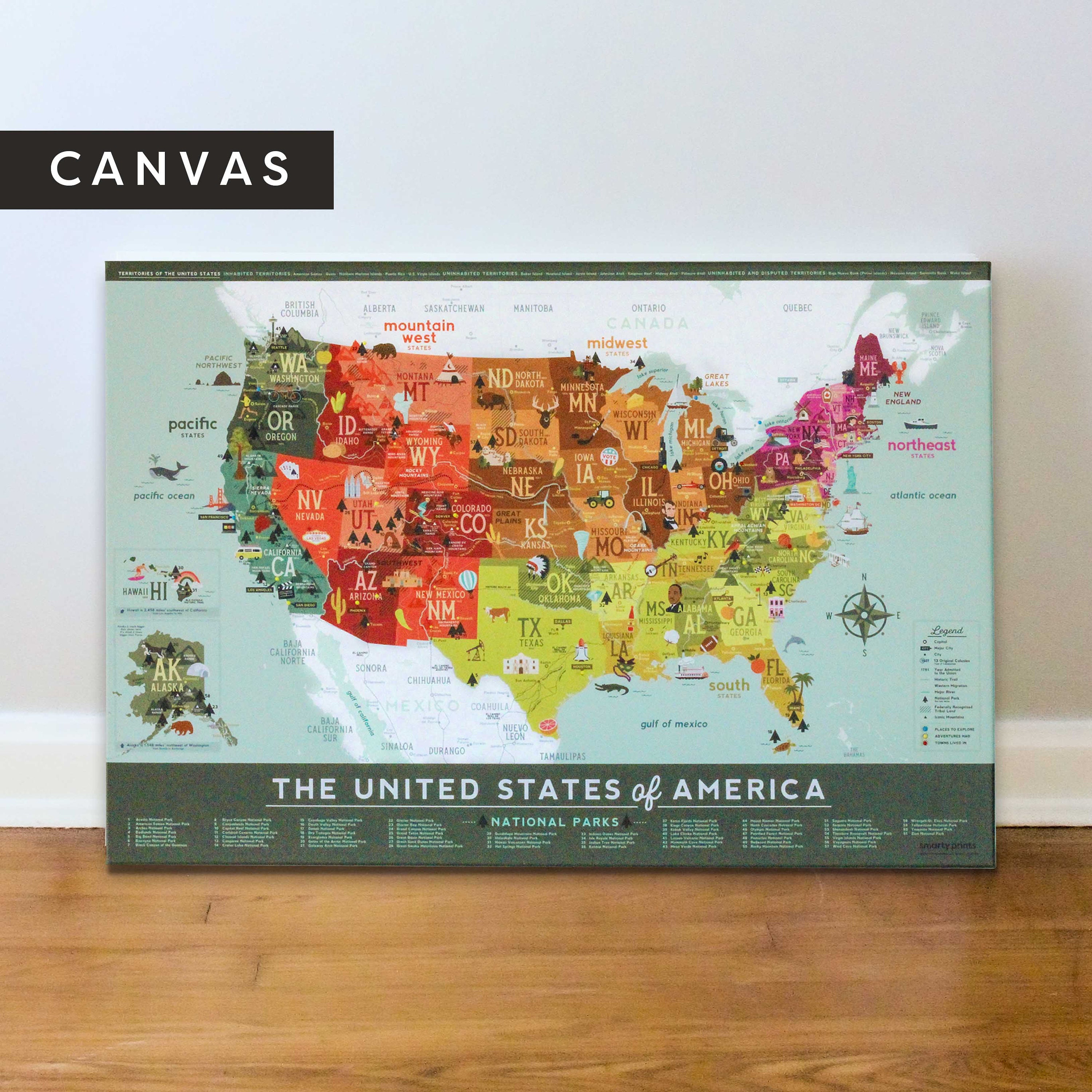 Canvas Push Pin Children's US Map Fun Illustrated Map | Etsy