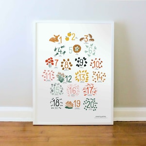 1-20 Kids Illustrated Counting Poster, Learning Numbers Preschool, Nature Nursery Art, Homeschool, PRINT: 8x10, 12x16, 16x20, 18x24, 24x36