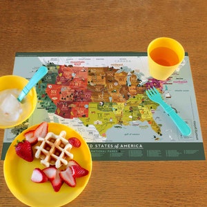 Kinder uns Karte druckbares Tischset, lustige illustrierte Karte, US National Parks, USA Geographie lernen, DIGITALER DOWNLOAD: 11x17
