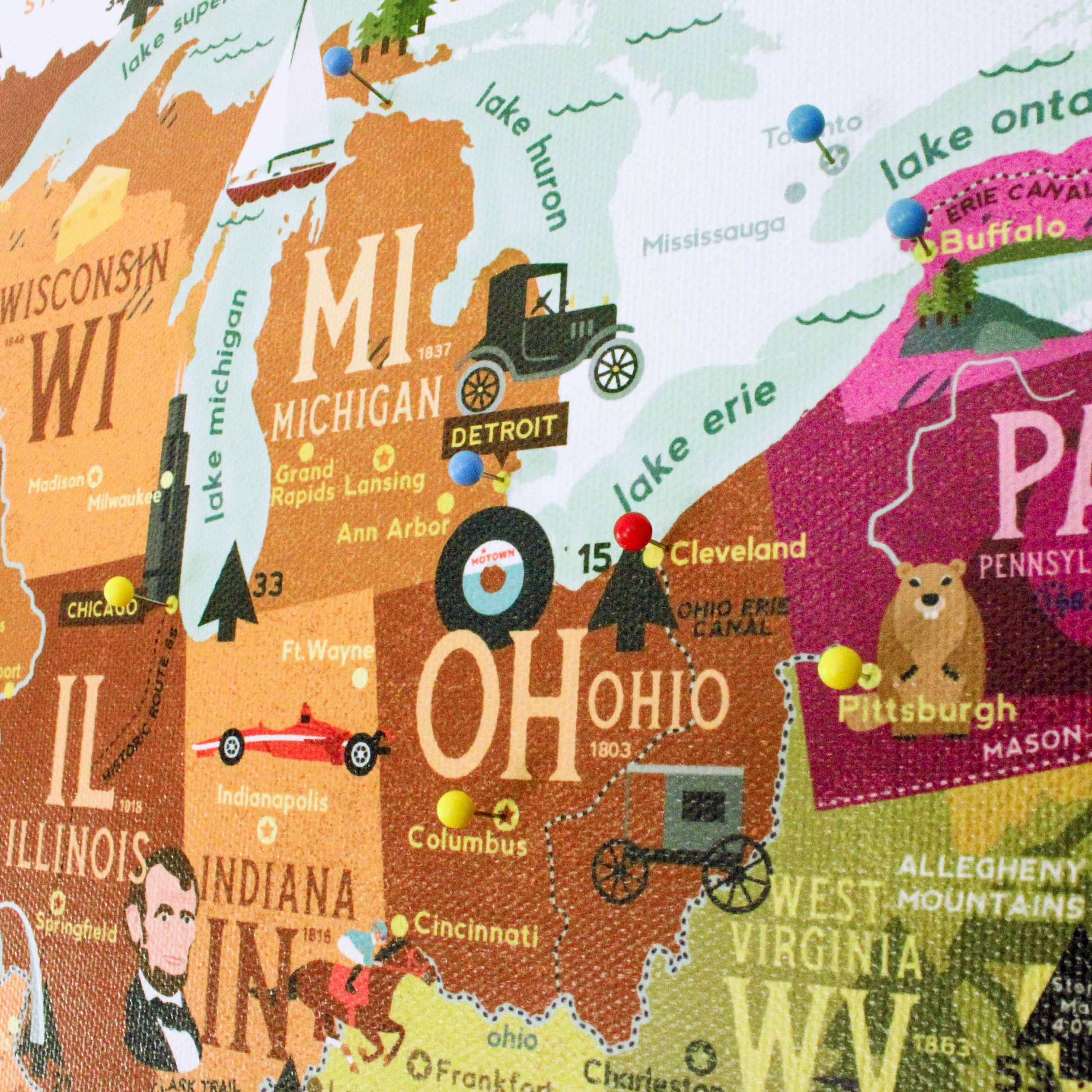 Canvas Push Pin Children's US Map Fun Illustrated Map | Etsy