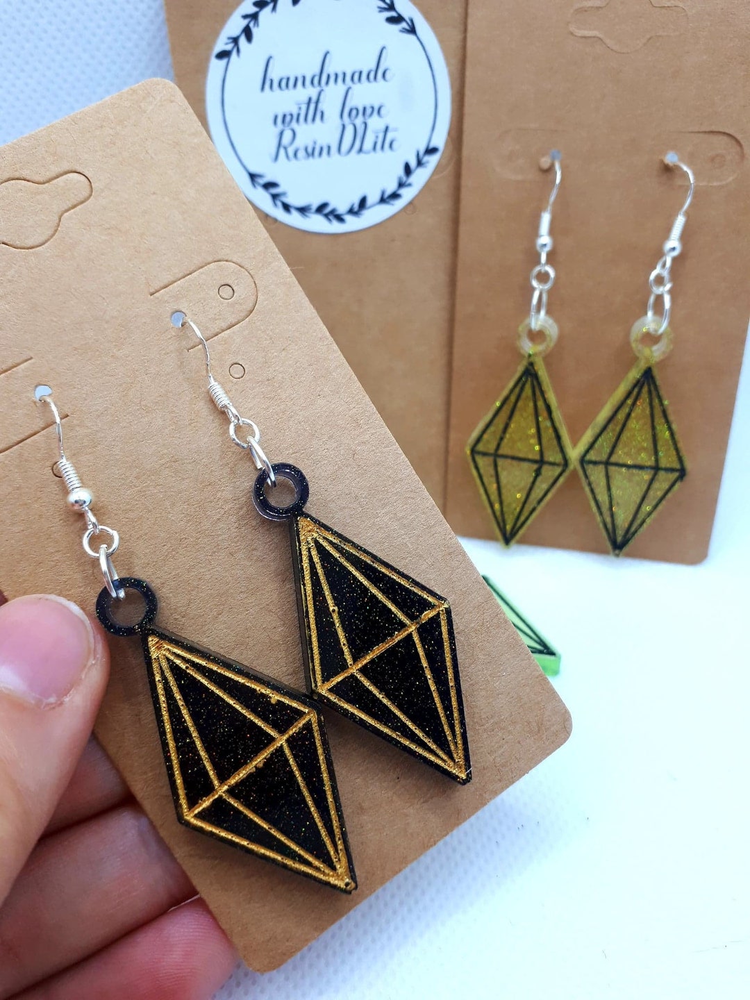 Resin Plumbob Earrings, Sims Glow in the Dark, Glitter, Jewellery