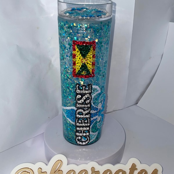 Bespoke Carnival Mas Snowglobe Tumbler with Straw | Pretty Mas Snowglobe bottle | Rhinestoned Skinny tumbler | Costume match cup