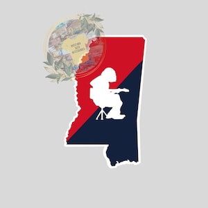 May include: A blue and red outline of the state of Mississippi with a white silhouette of a person sitting on a stool and playing a guitar. The text "Mustard Seed Accessories" is visible in the upper left corner of the image.
