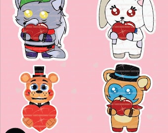 May include: Four digital stickers featuring characters from the Five Nights at Freddy's video game series. Each character is holding a red heart. The characters are a wolf, a bunny, a bear, and a fox.