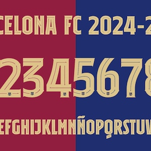 Puede incluir: Un juego de fuentes de oro con las letras A-Z y los números 0-9. La fuente es un estilo sans-serif en negrita con un doble contorno. El texto "BARCELONA FC 2024-2025" se muestra en la parte superior de la imagen.