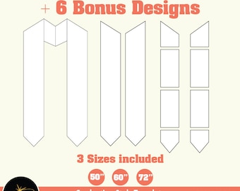 May include: A set of graduation stole templates in three sizes: 50 inches, 60 inches, and 72 inches. The templates are designed for use with Silhouette and Cricut cutting machines. The image includes the text "Graduation Template Bundle + 6 Bonus Designs".