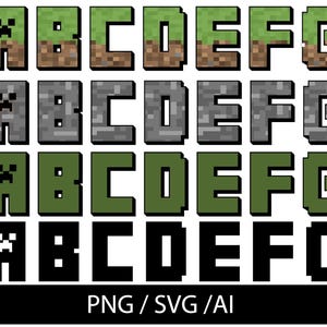May include: Pixelated alphabet letters A through G in four different styles. The letters are green, gray, and black, with some featuring a Creeper face design. The bottom of the image has the text "PNG / SVG / AI".