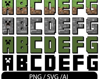 May include: Pixelated alphabet letters A through G in four different styles. The letters are green, gray, and black, with some featuring a Creeper face design. The bottom of the image has the text "PNG / SVG / AI".