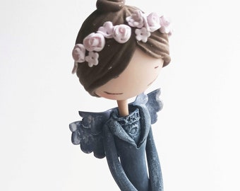 Angel Ornament with Roses and heart / Blue Handmade Art Doll Figurine