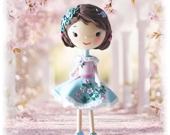 Girl Ornament / Handmade Clay Art Doll Figurine / Fairy tale Cute Little Princess Decor / Angel with Floral embroidery Original artwork